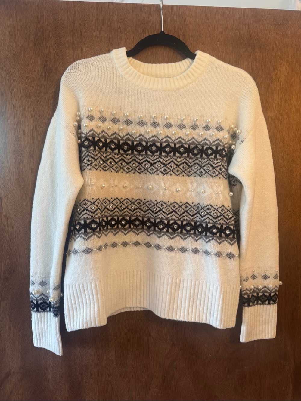 AQUA Pearl Embellished Fair Isle Sweater ✨